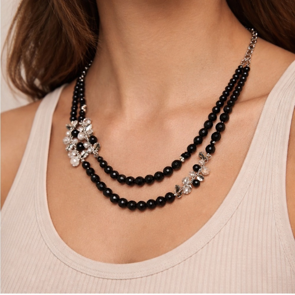 Black Double Strand Faceted Bead Statement Necklace with Crystal Cluster Detail